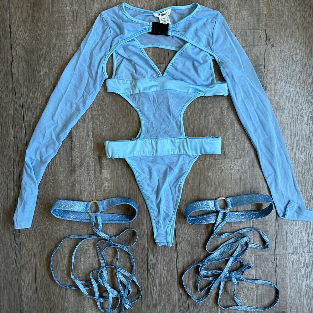 Blue Mesh body suit + blue glitter leg wraps from iHeartRaves